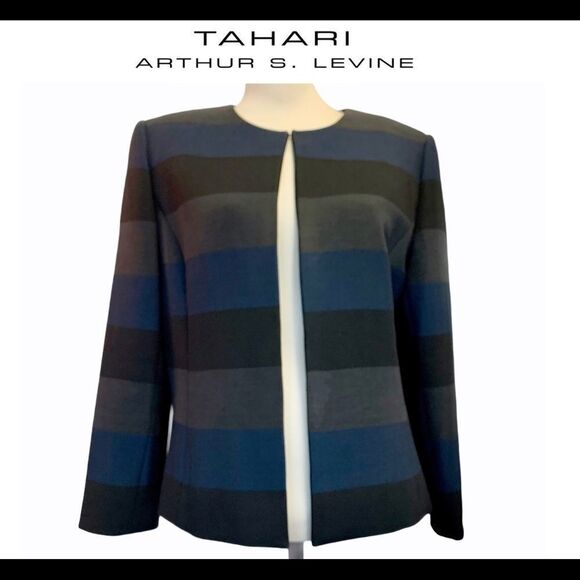 Tahari Arthur S Levine blue gray striped blazer - Picture 1 of 10